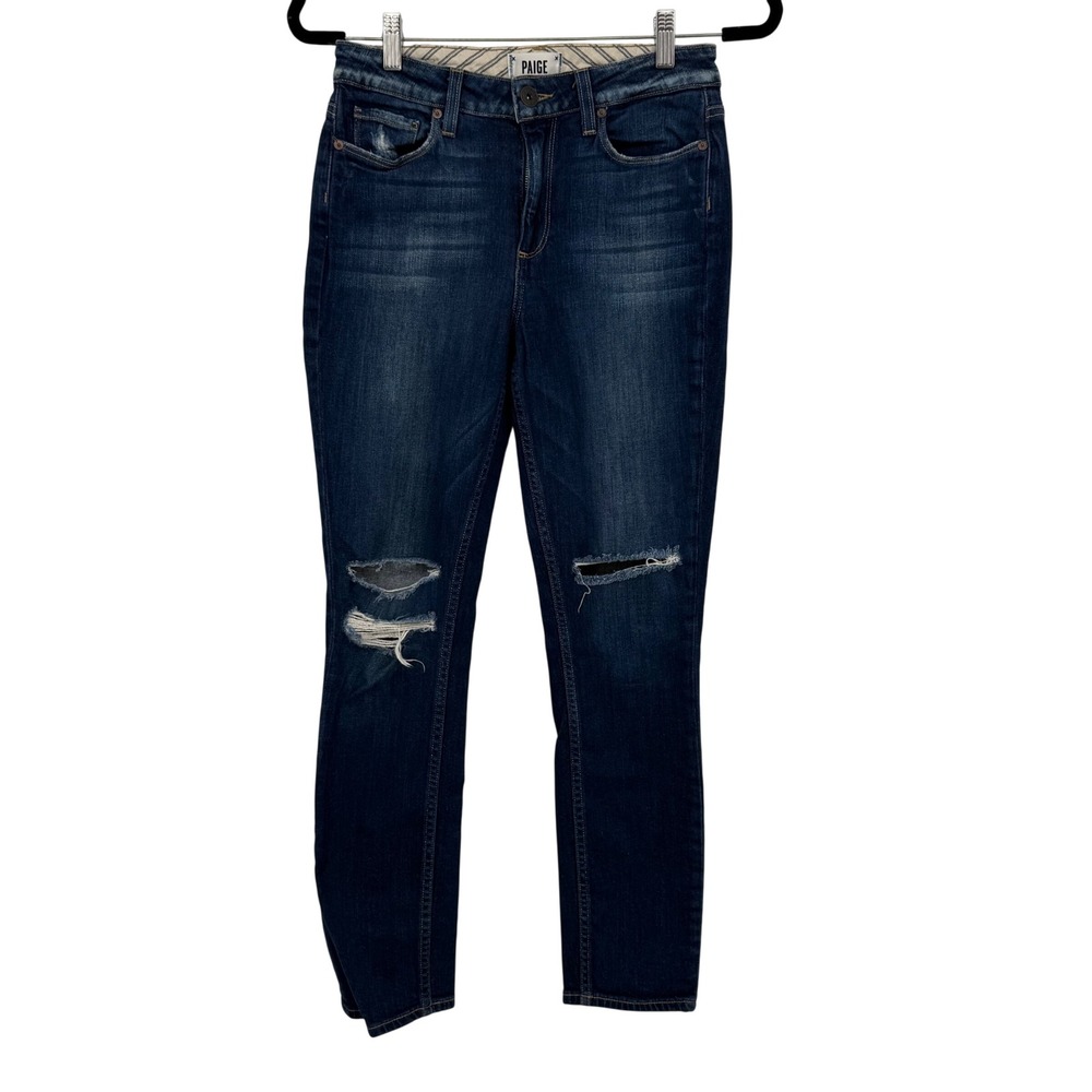 Paige Carter Slim Distressed Ripped Dark Wash Blue Denim Jeans Size 25 Boho Chic